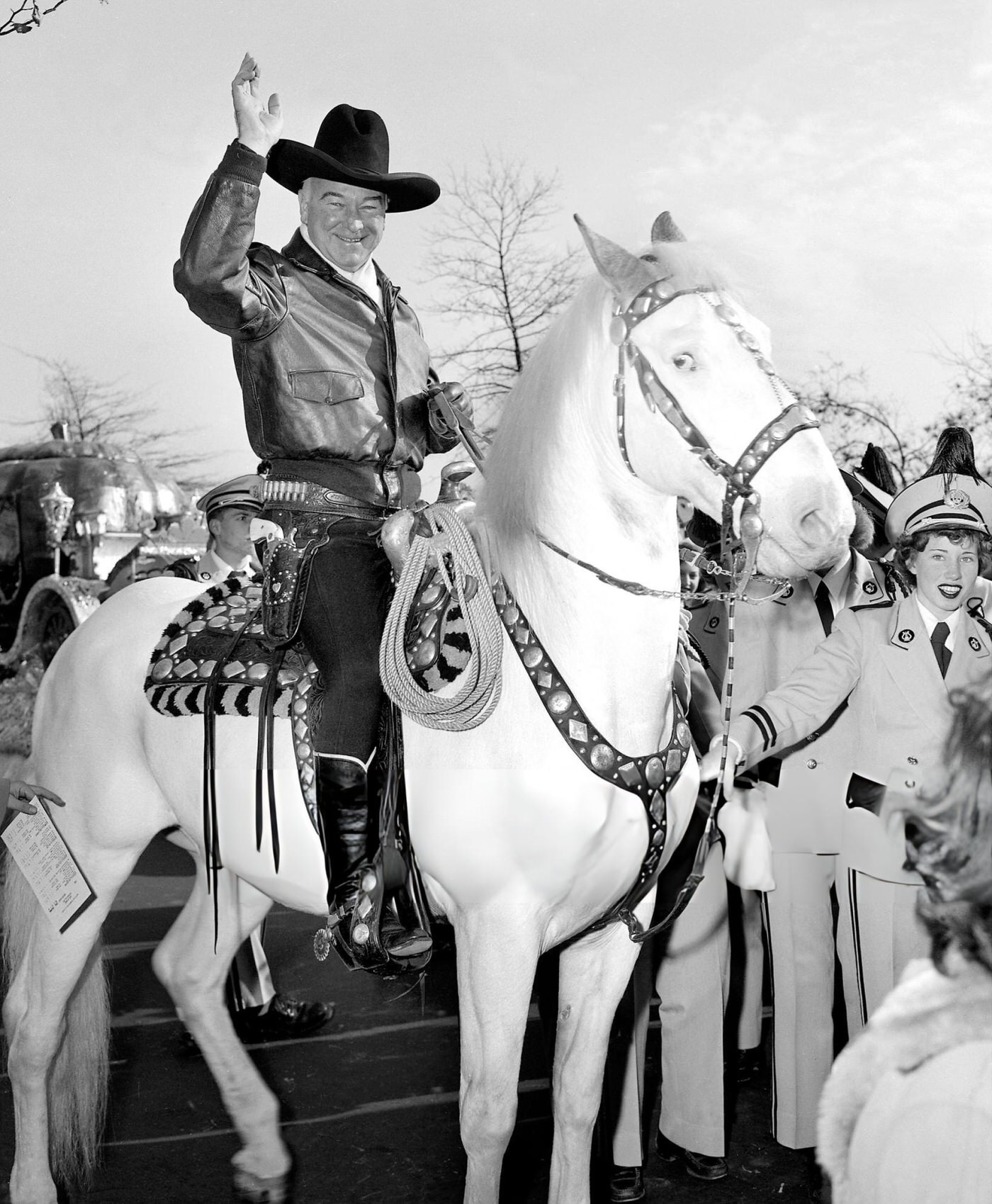 Hopalong Cassidy (William Boyd) Waves Hello As He Rides Topper In Macy'S Thanksgiving Day Parade, 1951.