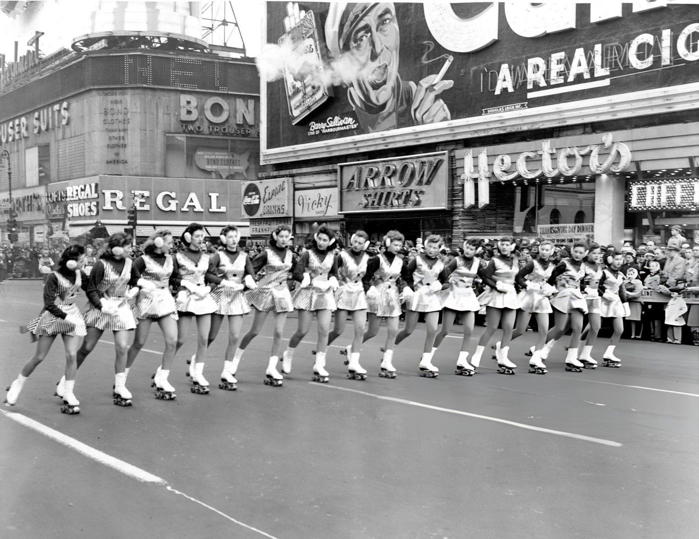 A Line Of Girl Skaters Rolls Down Broadway In Macy'S Thanksgiving Day Parade, 1956.