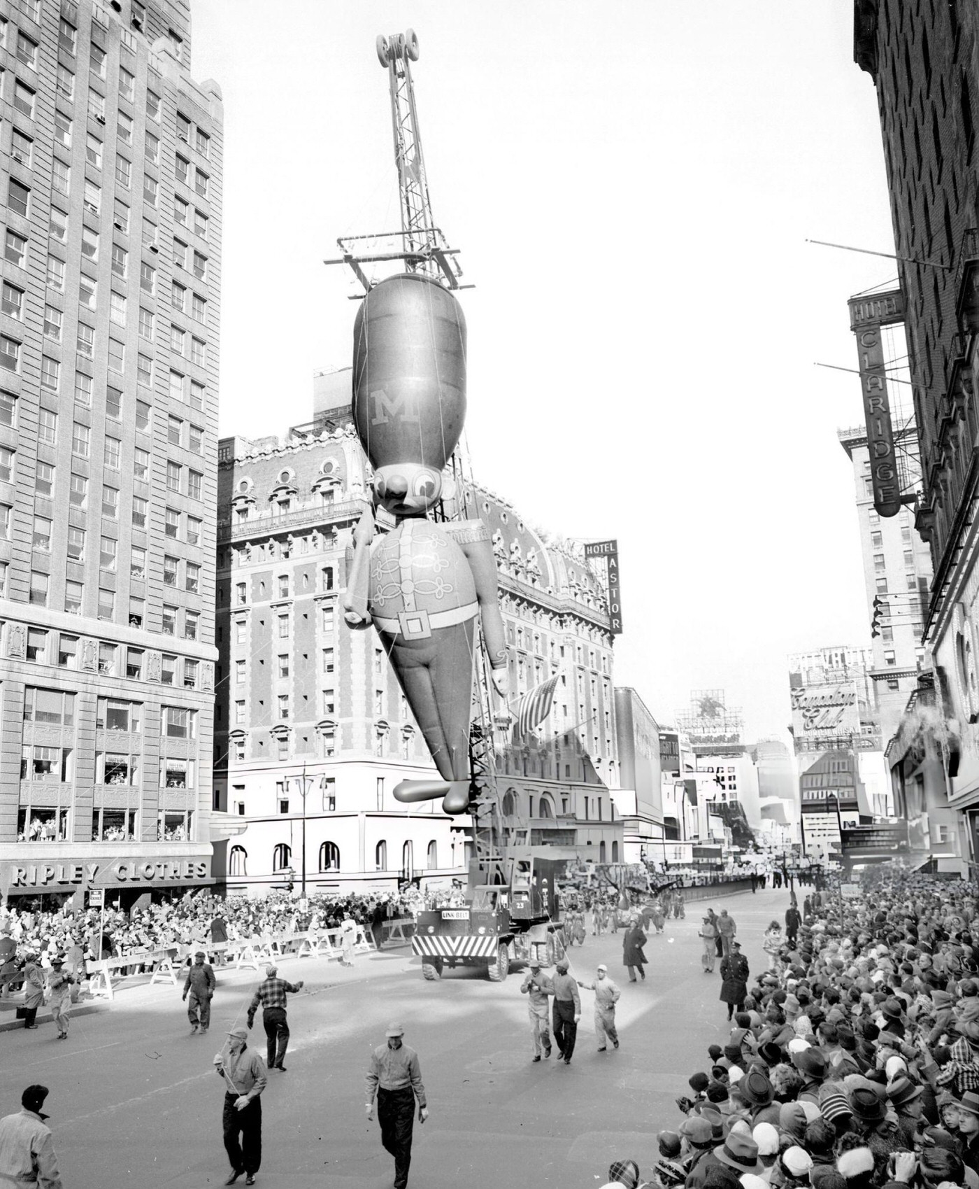 A Crane Carries A Balloon Toy Soldier Down Broadway During Macy'S Thanksgiving Day Parade, 1956.