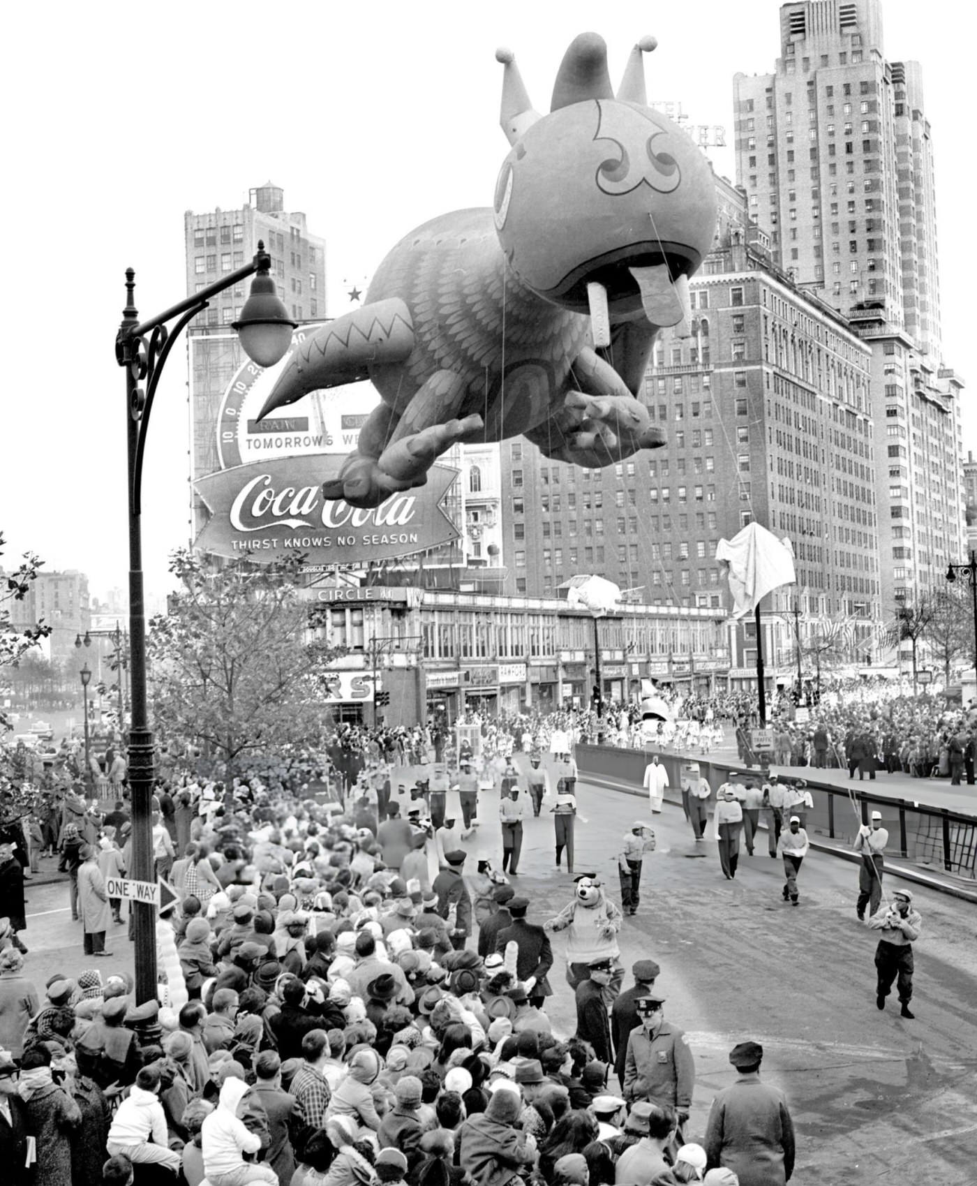 The 75-Foot-Long Happy Dragon Sails Over Columbus Circle During Macy'S Thanksgiving Day Parade, 1961.