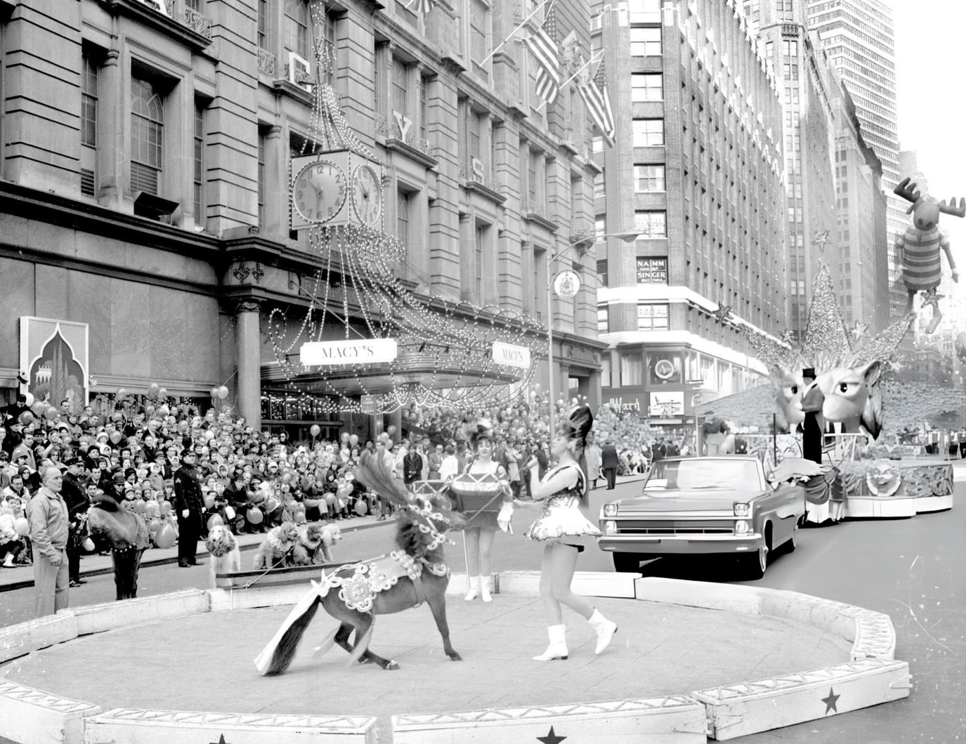 One Of The Torellie Sisters Entertains Children With A Pony And Dog Act In Front Of Macy'S During The 39Th Macy'S Thanksgiving Day Parade, 1965.