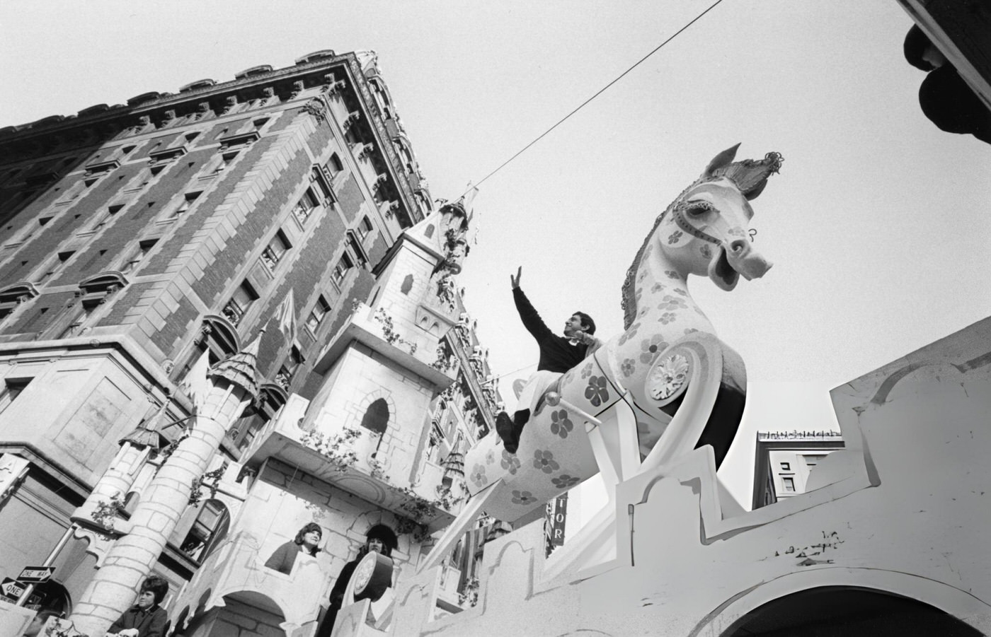 Tv Comic Soupy Sales Waves From His Rocking Horse Float During Macy'S Annual Thanksgiving Parade In Times Square, 1960S.