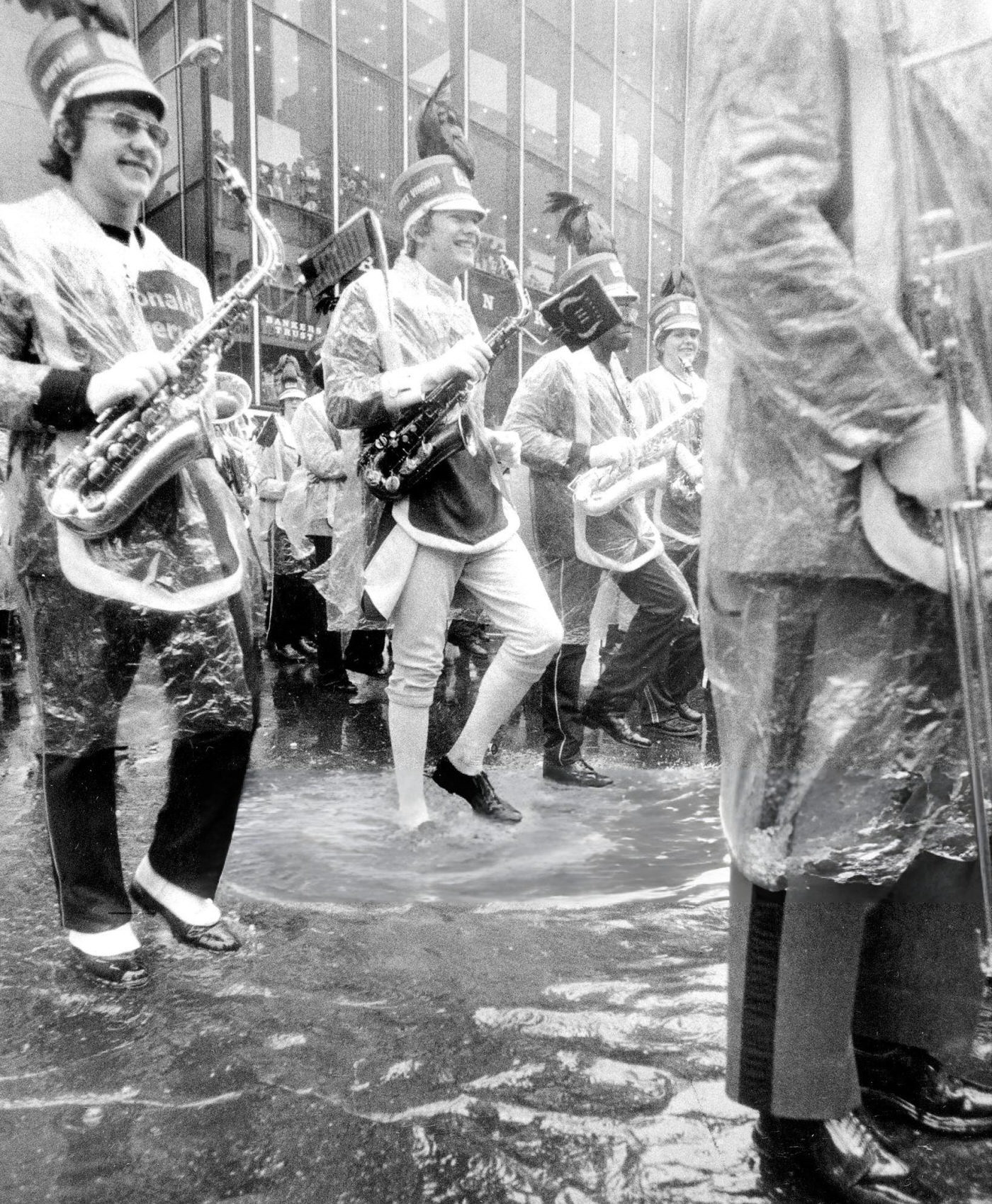 A Saxophonist In Times Square Has Cold, Wet Feet At Macy'S Thanksgiving Day Parade, 1972.