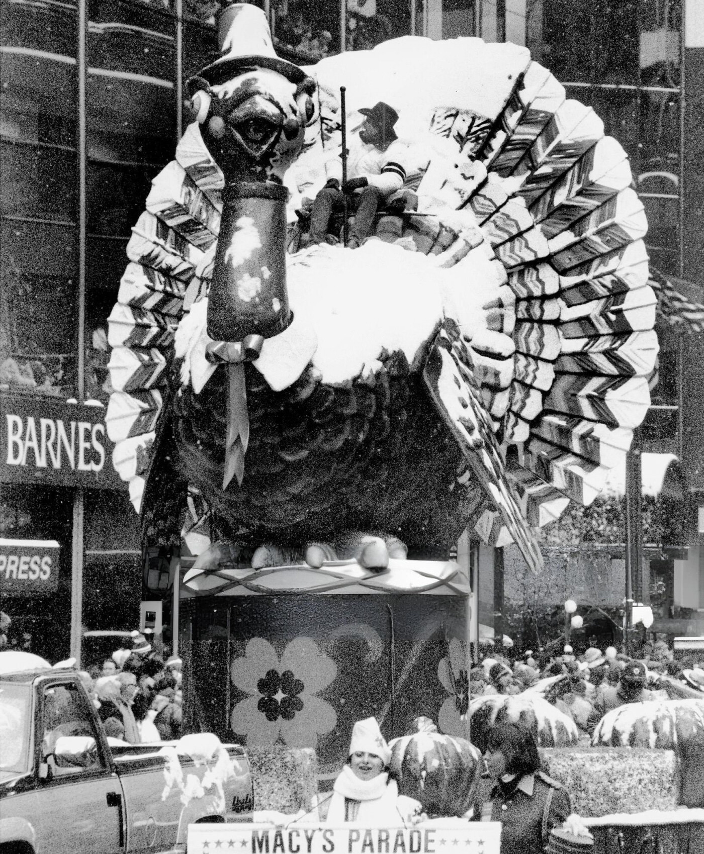 The Turkey Float, Covered With Snow, Comes Down Broadway In The Macy'S Thanksgiving Day Parade.