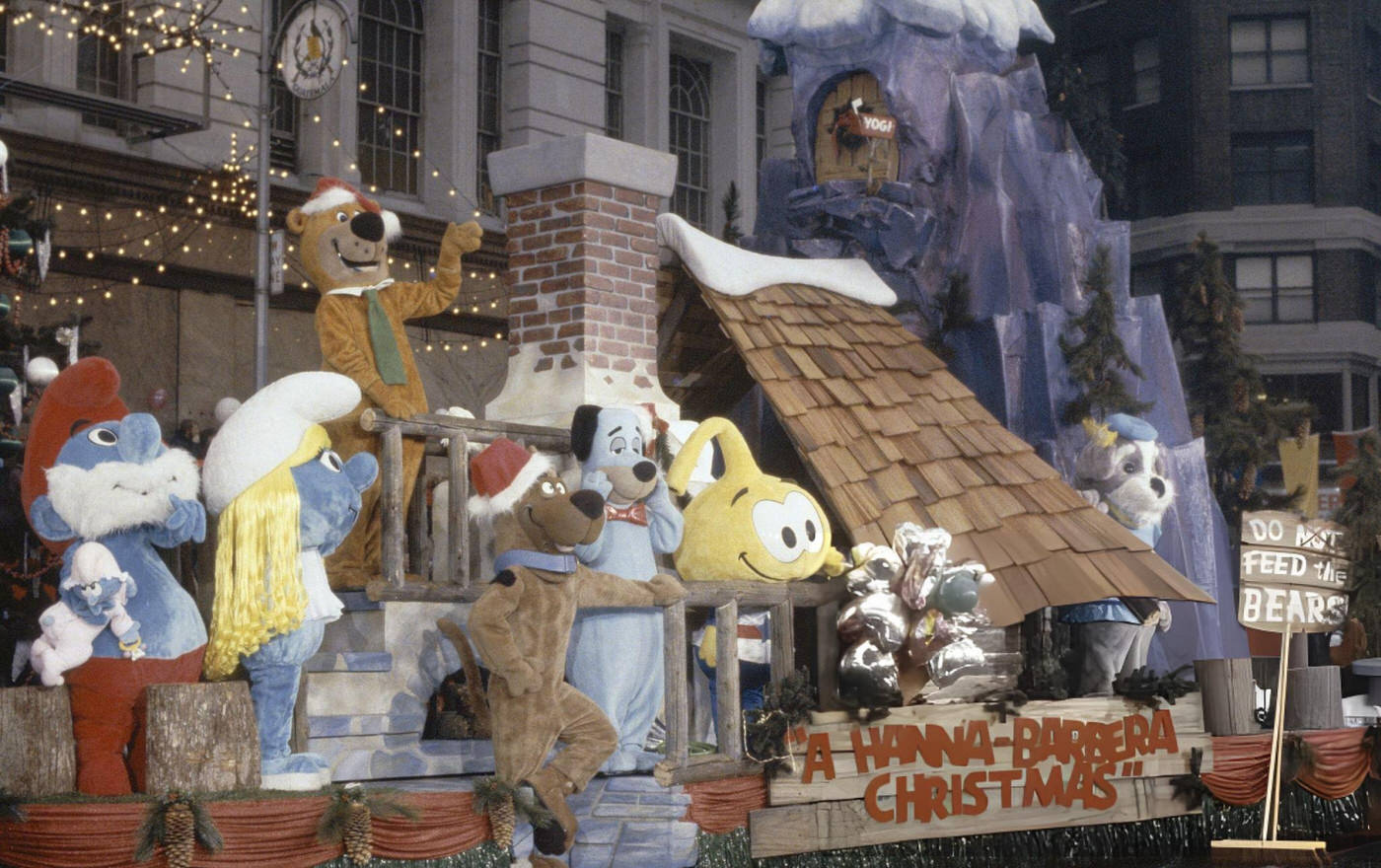 The Smurfs, Huckleberry Hound, Yogi Bear, Scooby-Doo, And Snorks Ride A Float During The 1983 Macy'S Thanksgiving Day Parade.