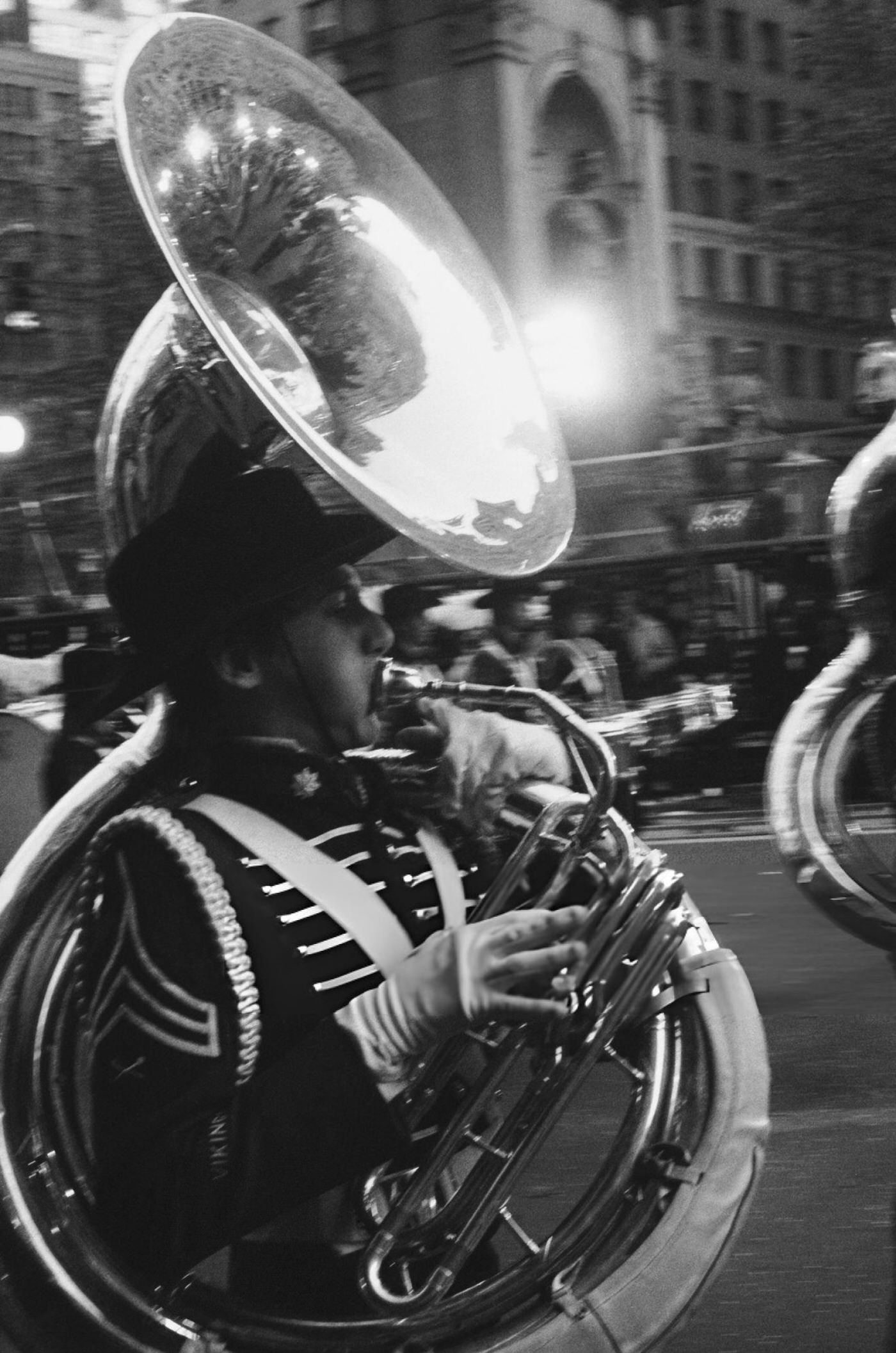 A Tuba Player In One Of The Parade Bands During The 1982 Macy'S Thanksgiving Day Parade.