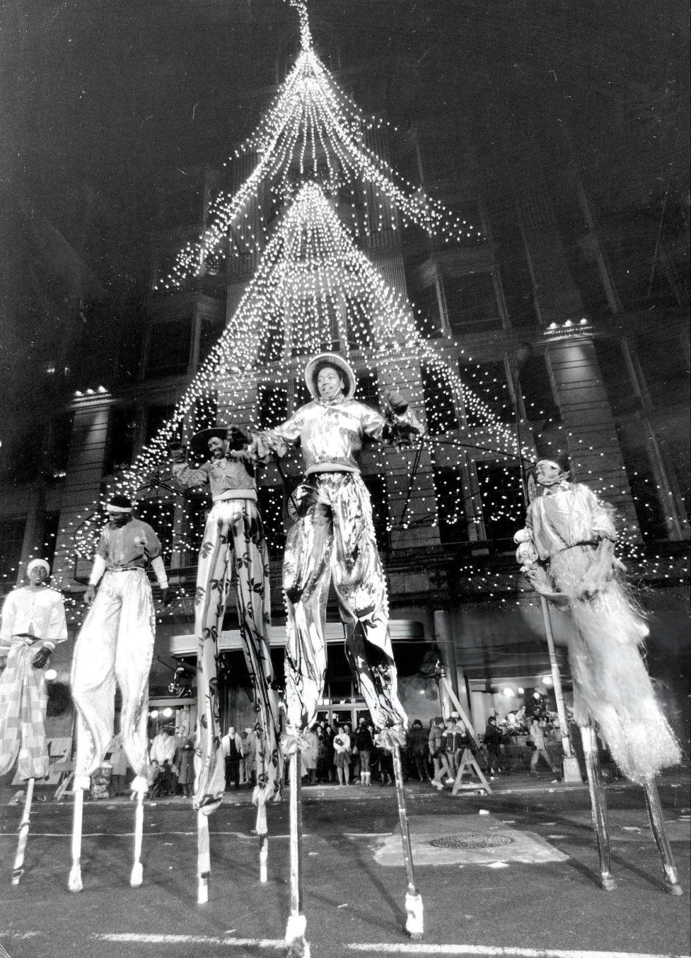 The Mocko Jumbie Dancers Rehearse Outside Macy'S For The Macy'S Thanksgiving Day Parade.