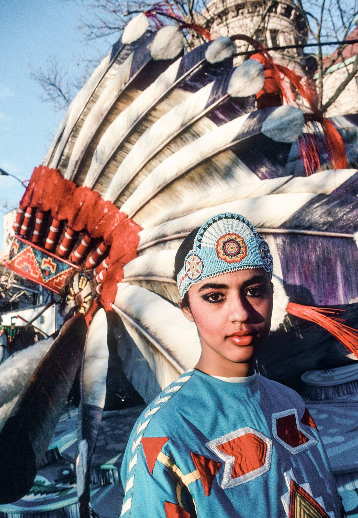 Portrait Of An Unidentified Macy'S Thanksgiving Day Parade Participant Dressed In Native American Clothing, November 25, 1986.