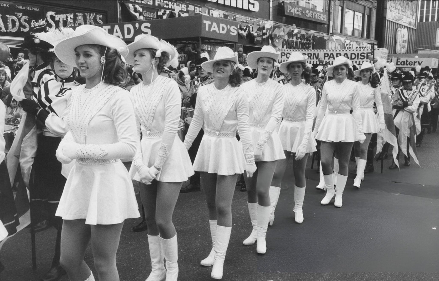 Women In Majorette Costumes March In The Macy'S Thanksgiving Day Parade, November 1982.