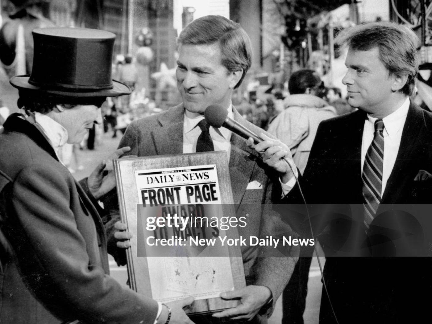 Daily News Publisher James Hoge Presents The Front Page Award To Jean Mcfaddin, Producer Of The Macy'S Thanksgiving Day Parade, With Television Announcer Pat Sajak Present.