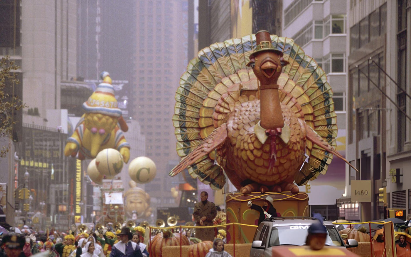The Turkey Float With The Big Bird Balloon In The Background During The 1999 Macy'S Thanksgiving Day Parade.