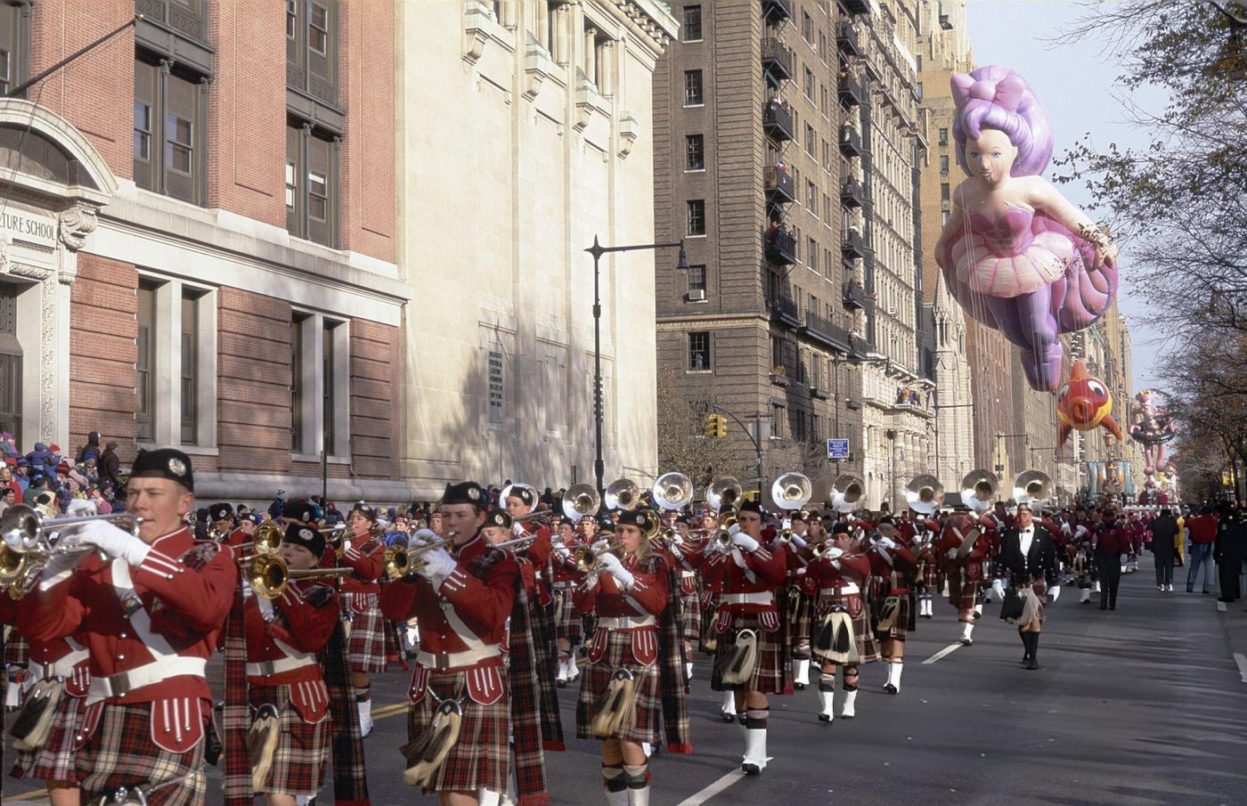 A Marching Band Performs During The 1996 Macy'S Thanksgiving Day Parade.