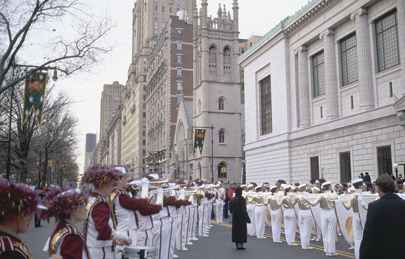 A Marching Band Performs During The 1996 Macy'S Thanksgiving Day Parade.
