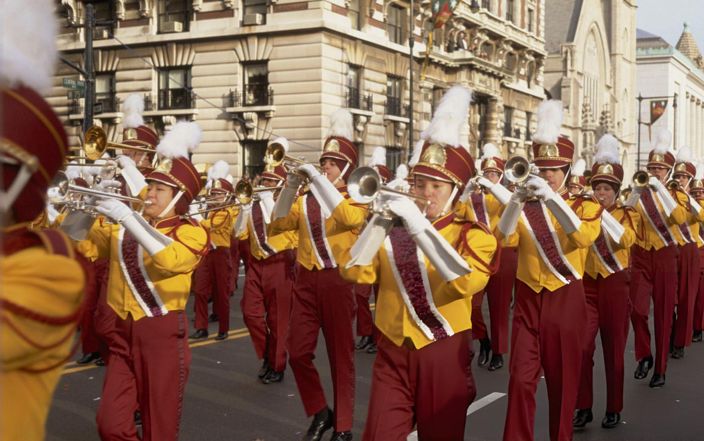 A Marching Band During The 1996 Macy'S Thanksgiving Day Parade.