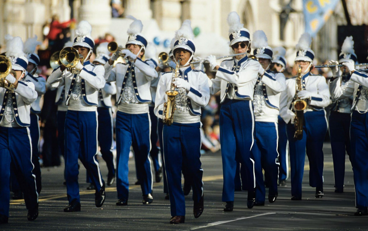 An Adult Band In Uniform Plays During Macy'S Thanksgiving Day Parade, November 27, 1997.