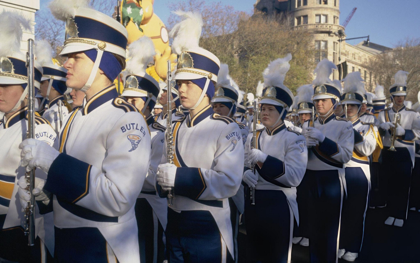 The David W. Butler High School Band Stands At Attention During The 1997 Macy'S Thanksgiving Day Parade.