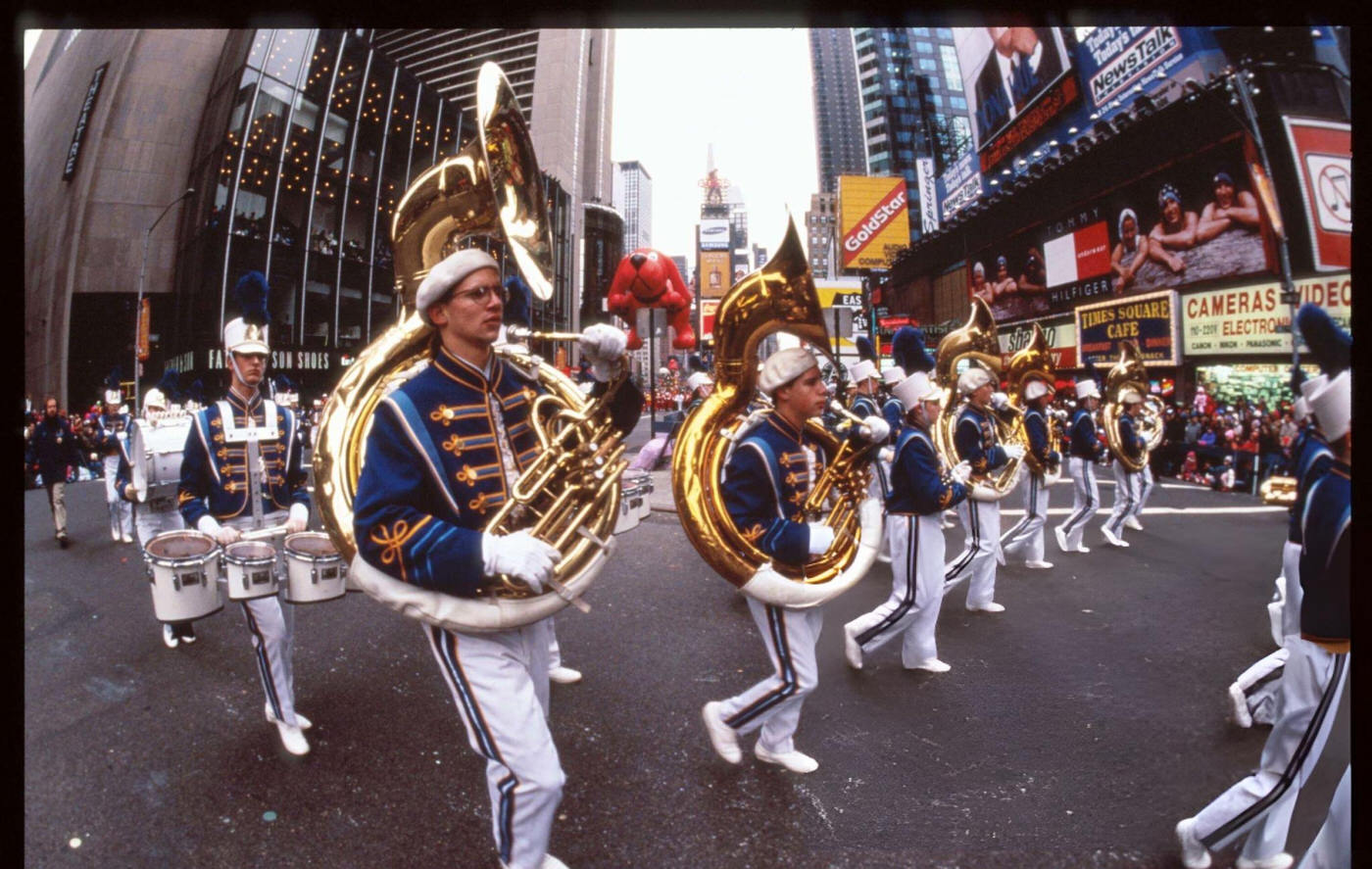 A Marching Band Plays Music During The 69Th Macy'S Thanksgiving Day Parade, November 23, 1995.