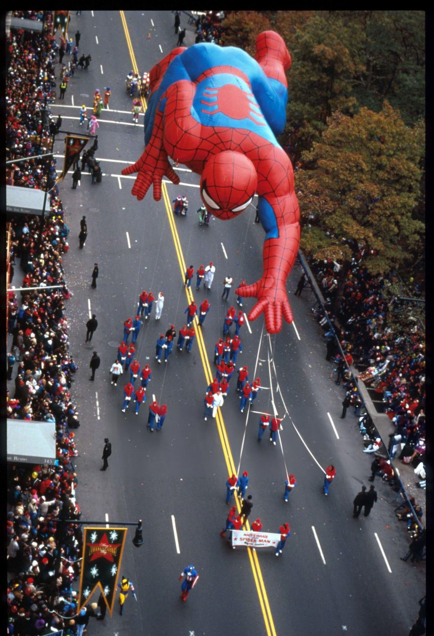 A Giant Spiderman Balloon Floats In The Air During The 69Th Macy'S Thanksgiving Day Parade, November 23, 1995.