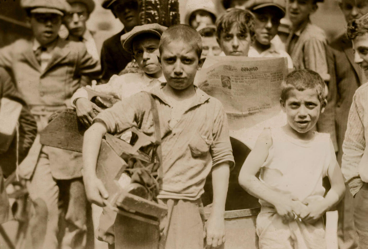 Portrait Of A Group Of Young Shoe Shiners In City Hall Park, New York, July 25, 1924.