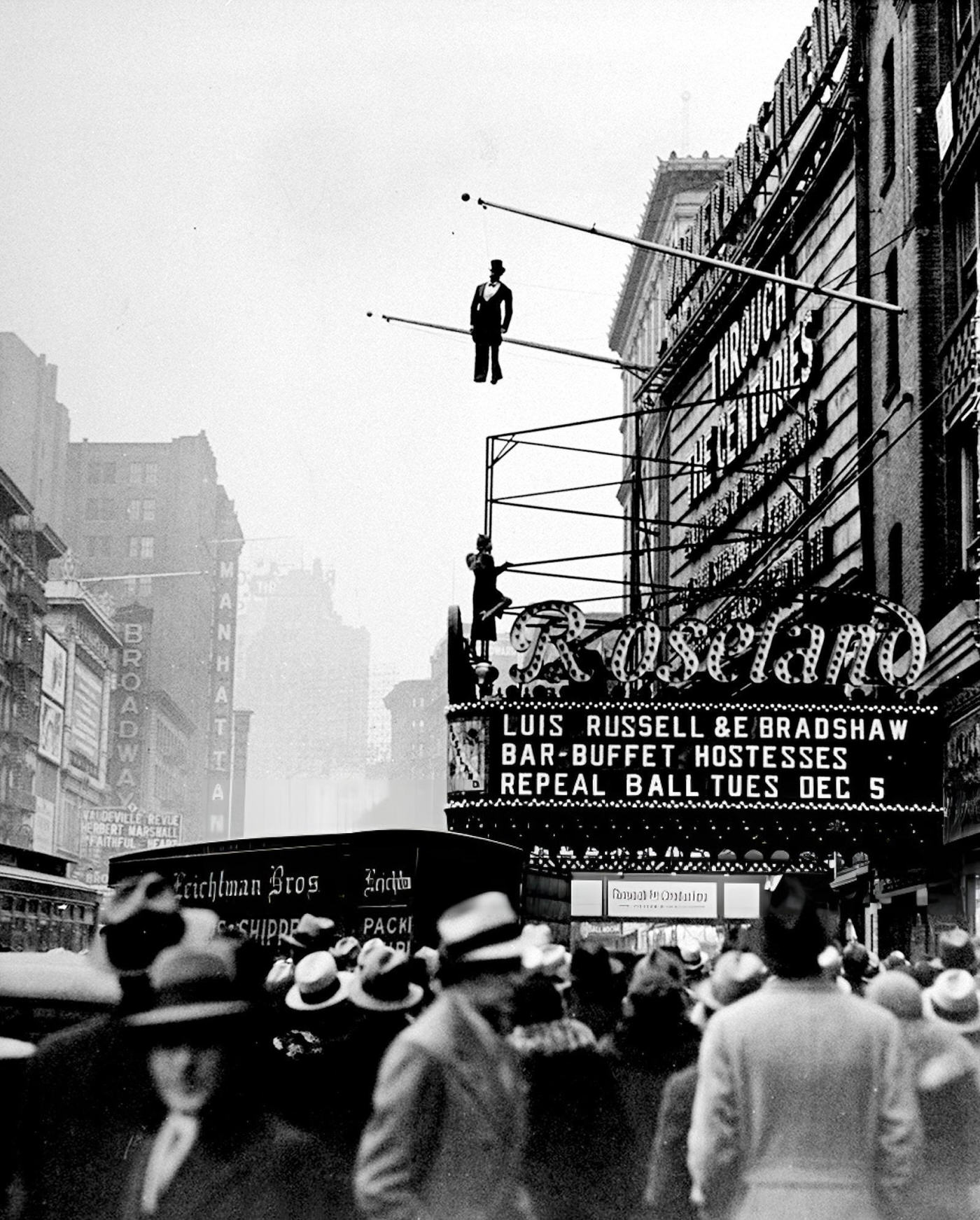 Old Man Prohibition Hangs From A Flag Pole Outside The Roseland Ballroom, 1933.