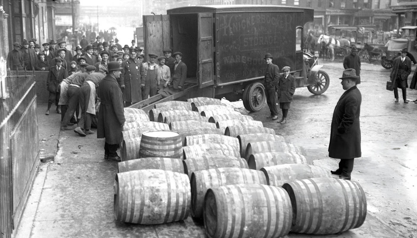 Prohibition Agents Confiscate Barrels Of Wine On The Streets Of New York City, 1921.