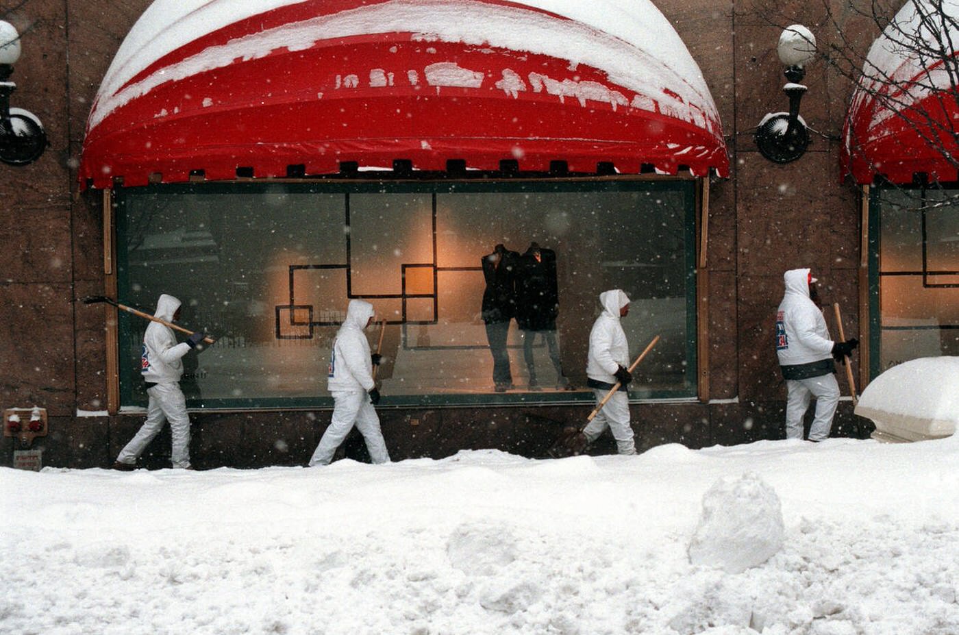 Workers Prepare To Shovel In Front Of Macy'S During Snowstorm In New York, 2000.