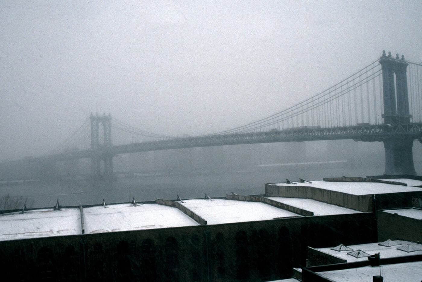The Manhattan Bridge Connecting Manhattan And Brooklyn Is Seen From Brooklyn In A Snowstorm, 2001.