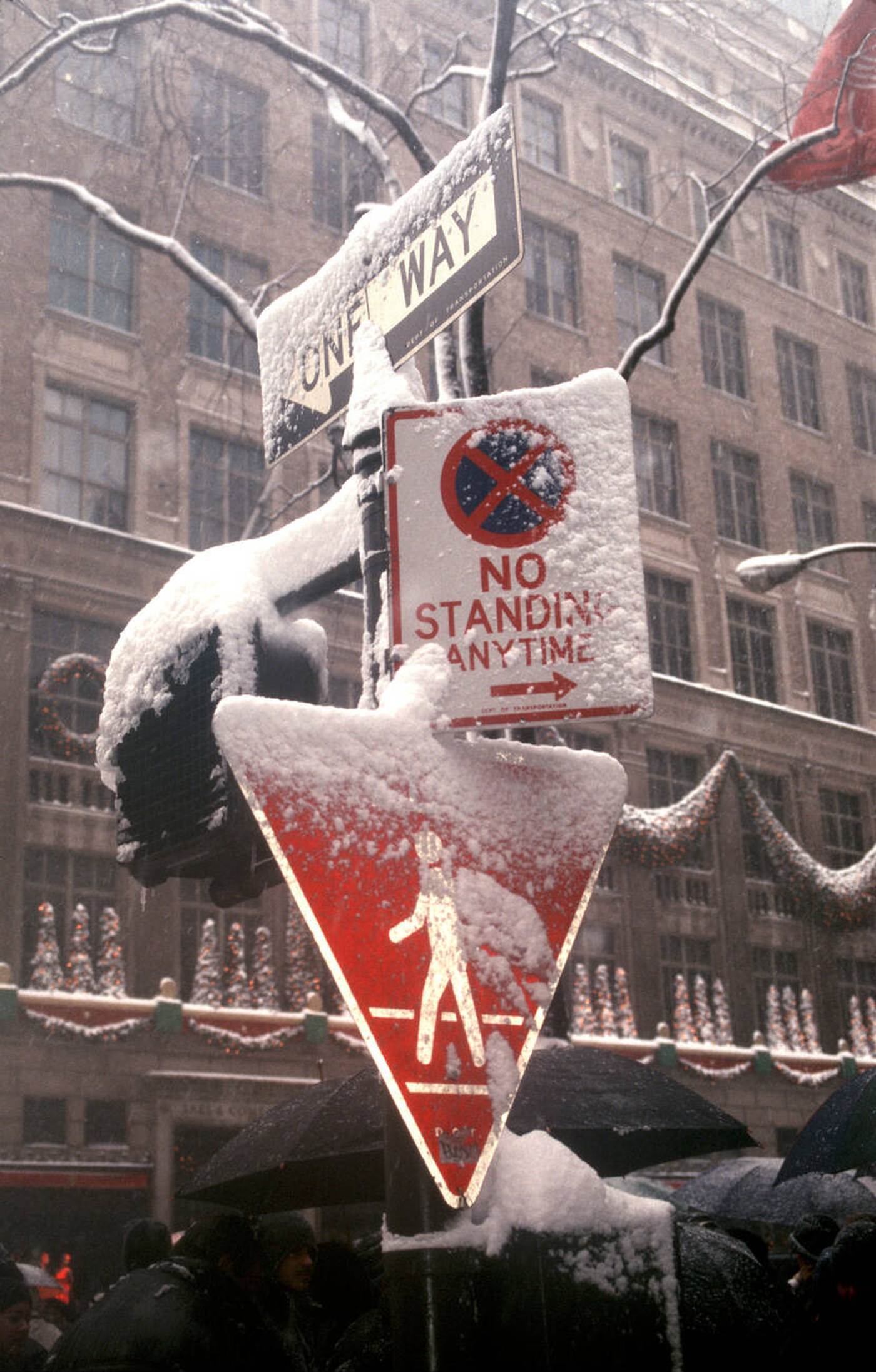 A Traffic Light Pole With Traffic Signs Is Covered With Snow During A Snowstorm, 2000.