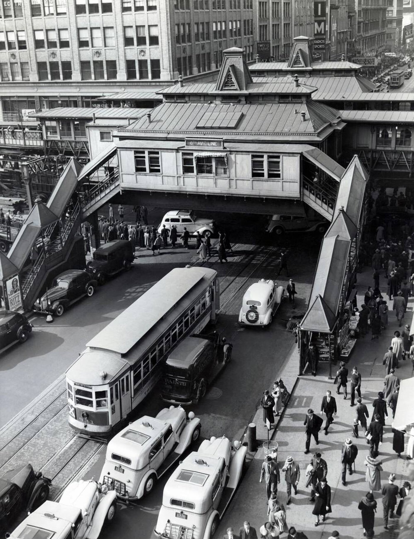 Traffic And People At 6Th Avenue And 42Nd Street In Nyc, Circa 1936.