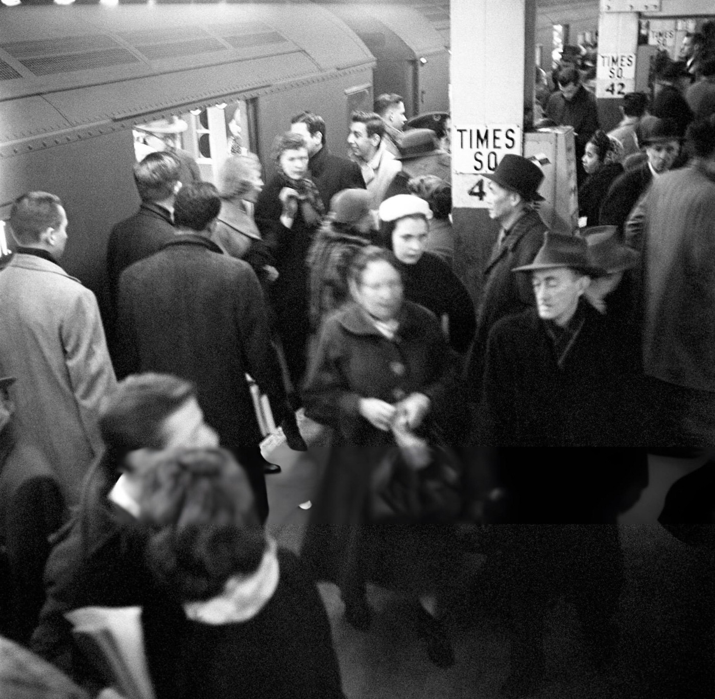 Passengers Exiting The New York City Subway At Times Square, January 1959.