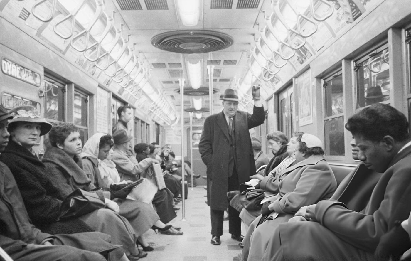 Subway Patrons Adjust To New Fluorescent Lighting At The Bmt Times Square Station, May 27, 1957, As Part Of A System-Wide Lighting Program.