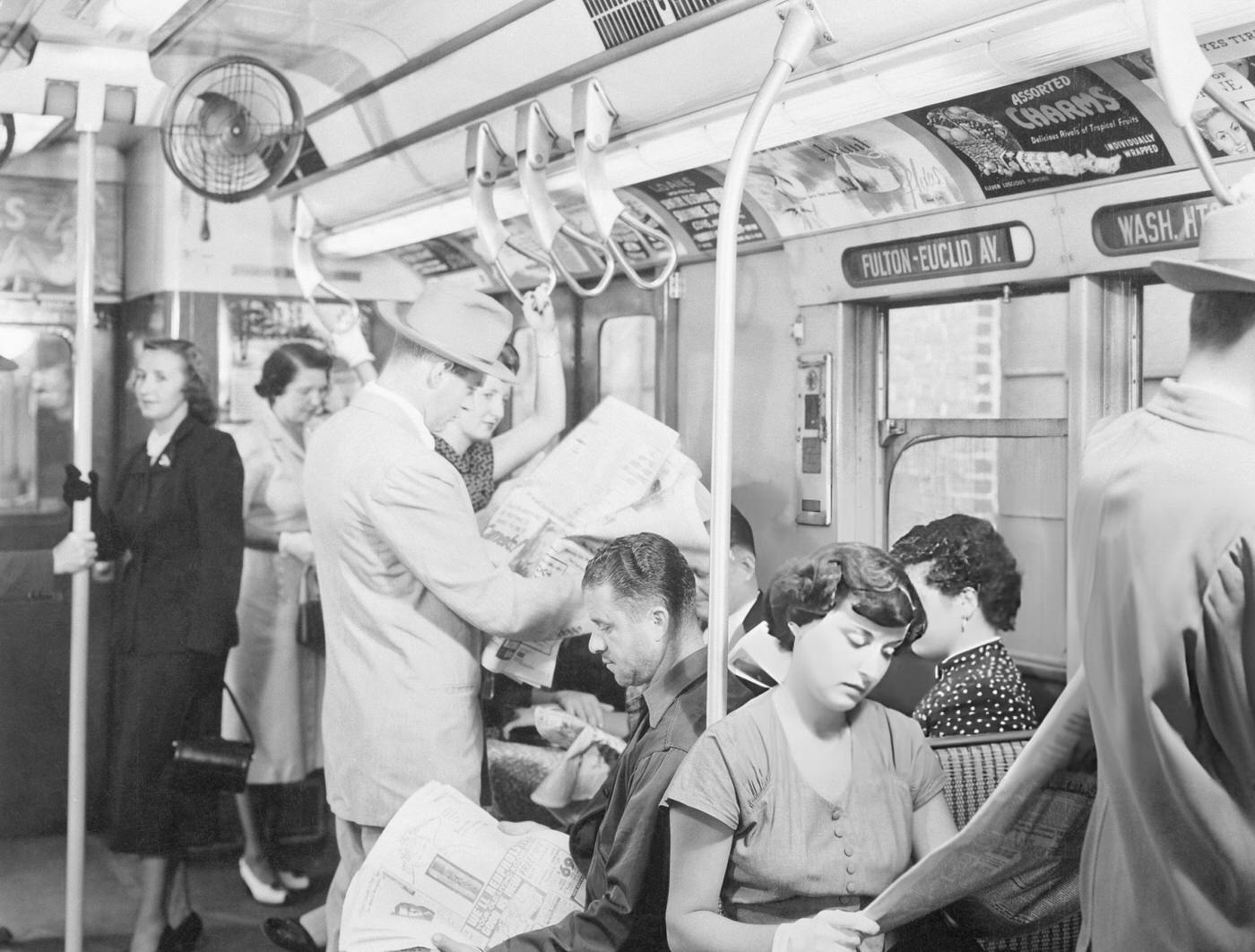 Interior View Of A New York City Subway Car With Passengers On The Line From Washington Heights To Fulton &Amp;Amp; Euclid Avenue, Circa 1950S.