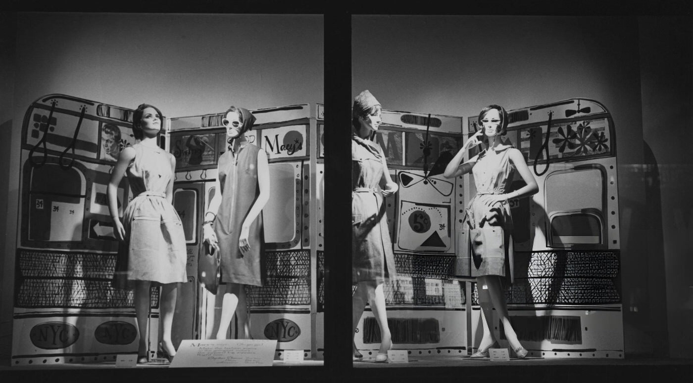 A Window Display Arranged Like An Nyc Subway Carriage With Hanging Straps And Advertisements, Including One For 'Macy'S', Circa 1960.