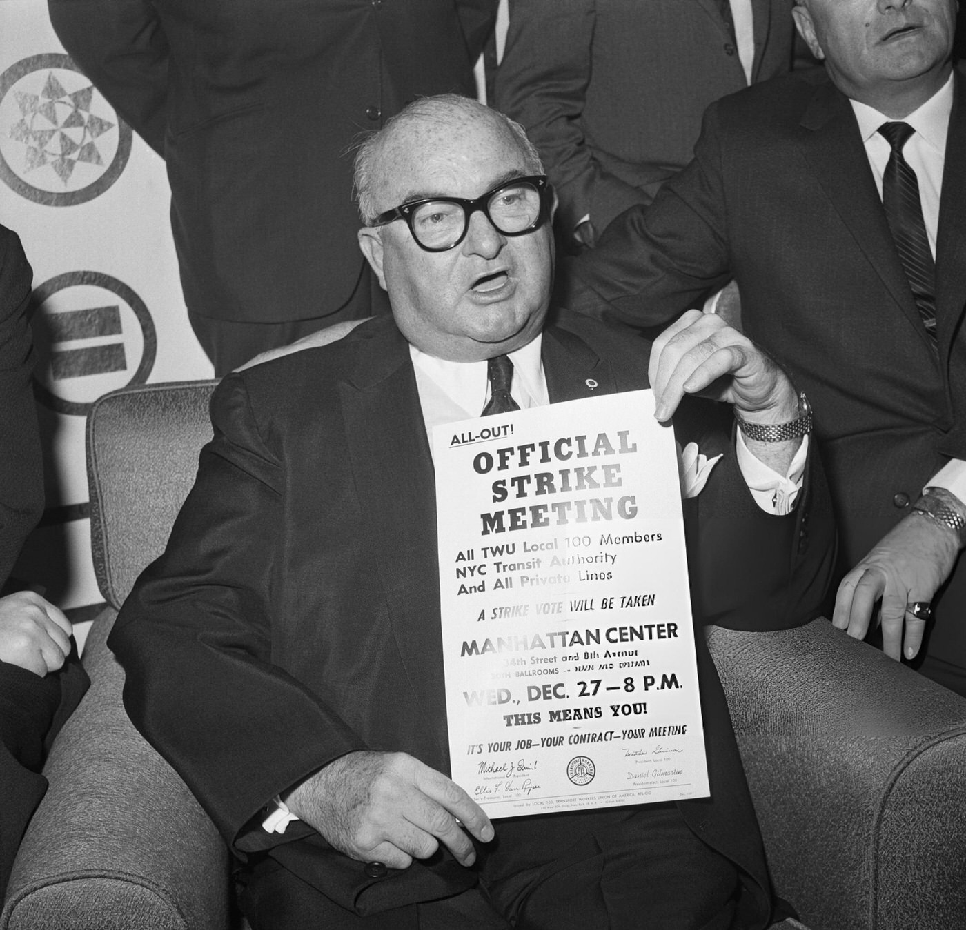 Transport Workers Union President Michael J. Quill Holds Up A Poster As He Announces A Twu Strike Vote To Be Conducted On December 27Th To Authorize A City-Wide Bus And Subway Strike At Midnight Sunday, December 31St, 1961.