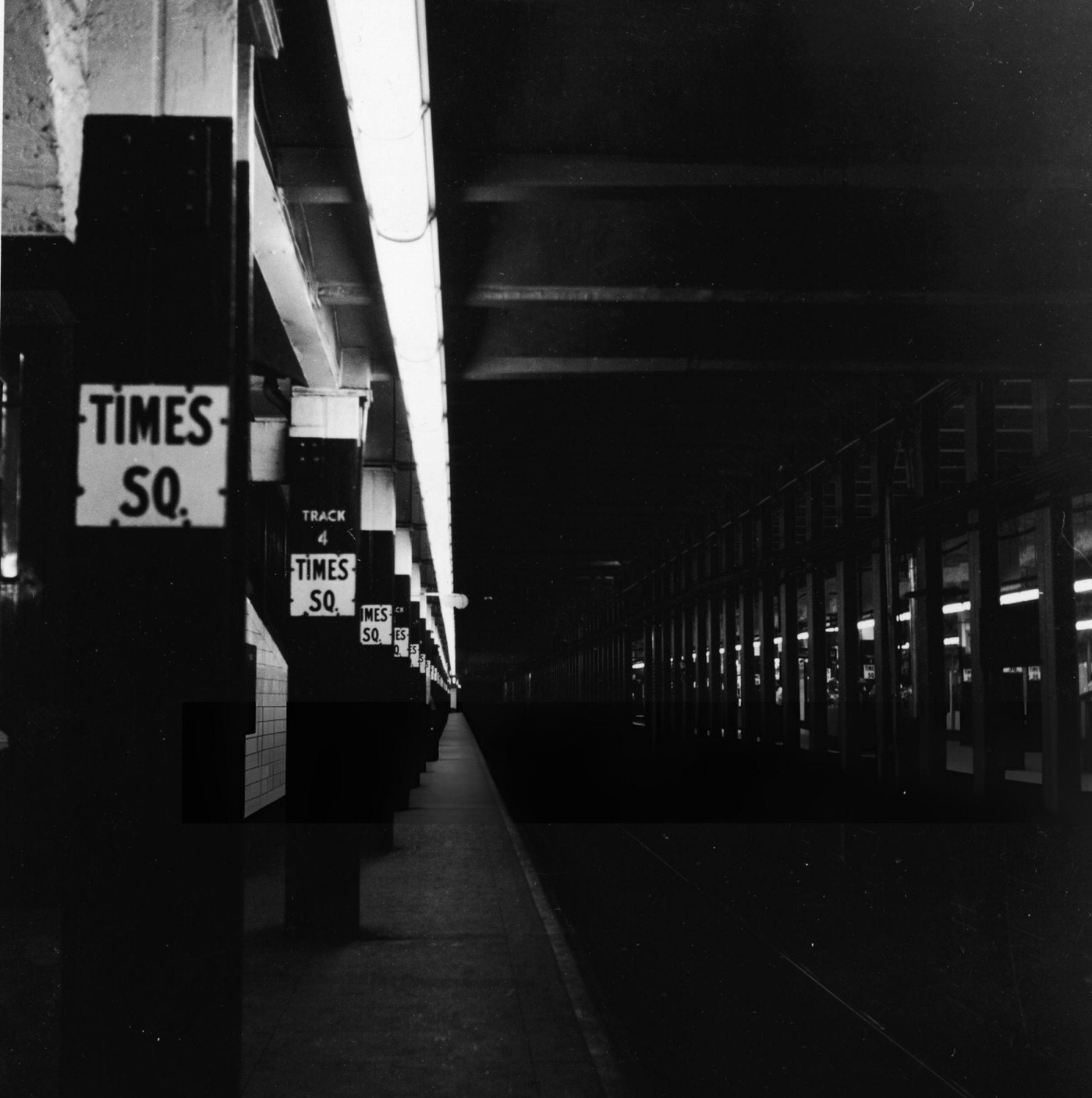 View Of An Empty Subway Platform At Times Square Train Station, New York City, Circa 1960.