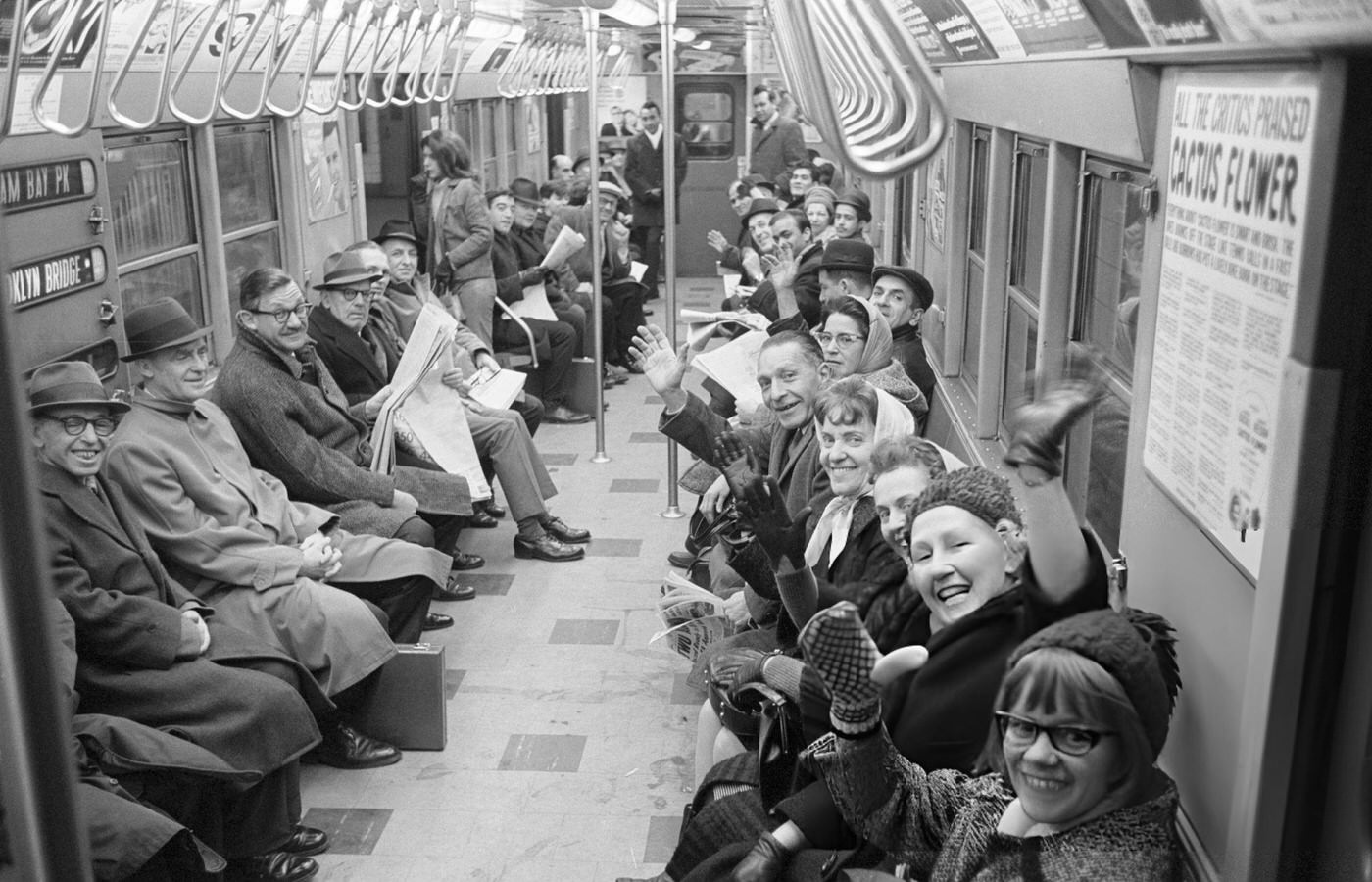 New Yorkers Ride To Work In A Subway Car Following The End Of A 13-Day Transit Strike, January 13, 1966.