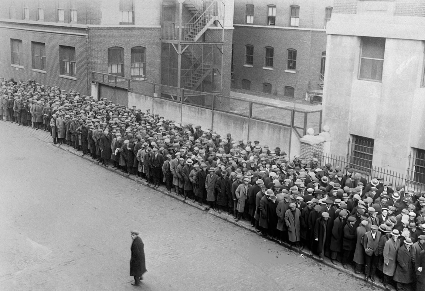 Throngs Of Unemployed Wait In Line To Gain Entrance To The Municipal Lodging House For Sunday Dinner, New York City.