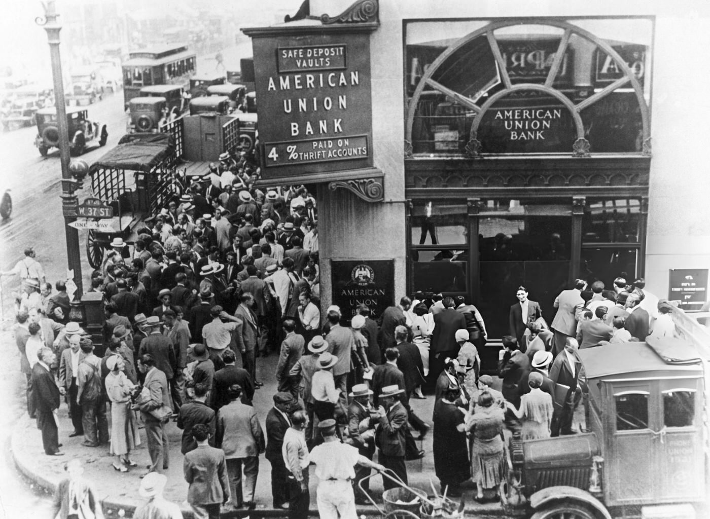 Depositors Congregate Outside The State-Ordered Closed Doors Of The Union Bank Of New York City, 1931.