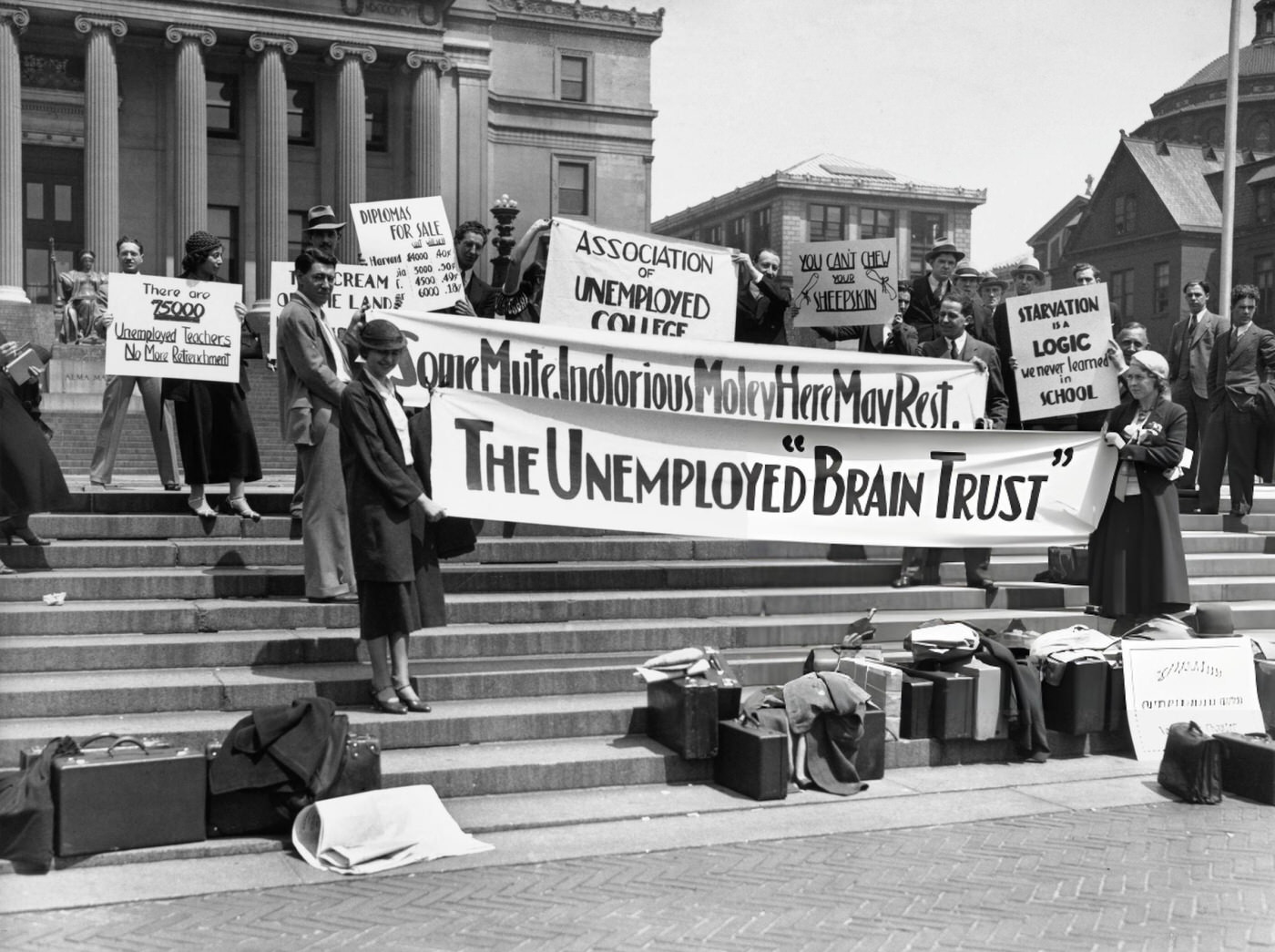Alumni Of Columbia University Hold Banners Outside The University Building Before Protesting In Washington For Unemployed College Graduates, May 1, 1933.