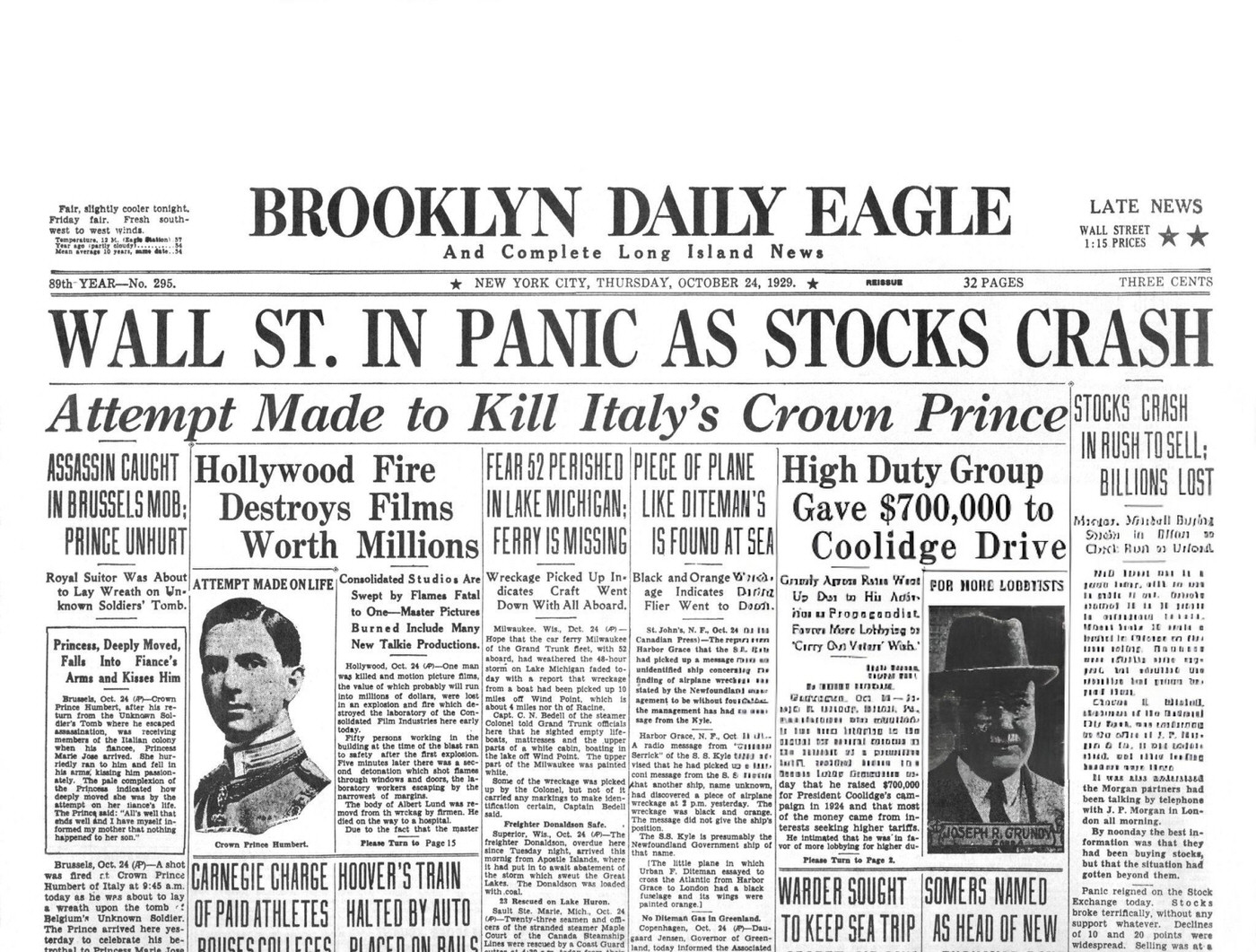 The Brooklyn Daily Eagle Headlines For Black Thursday, The First Day Of The Stock Market Crash, New York City, October 24, 1929.
