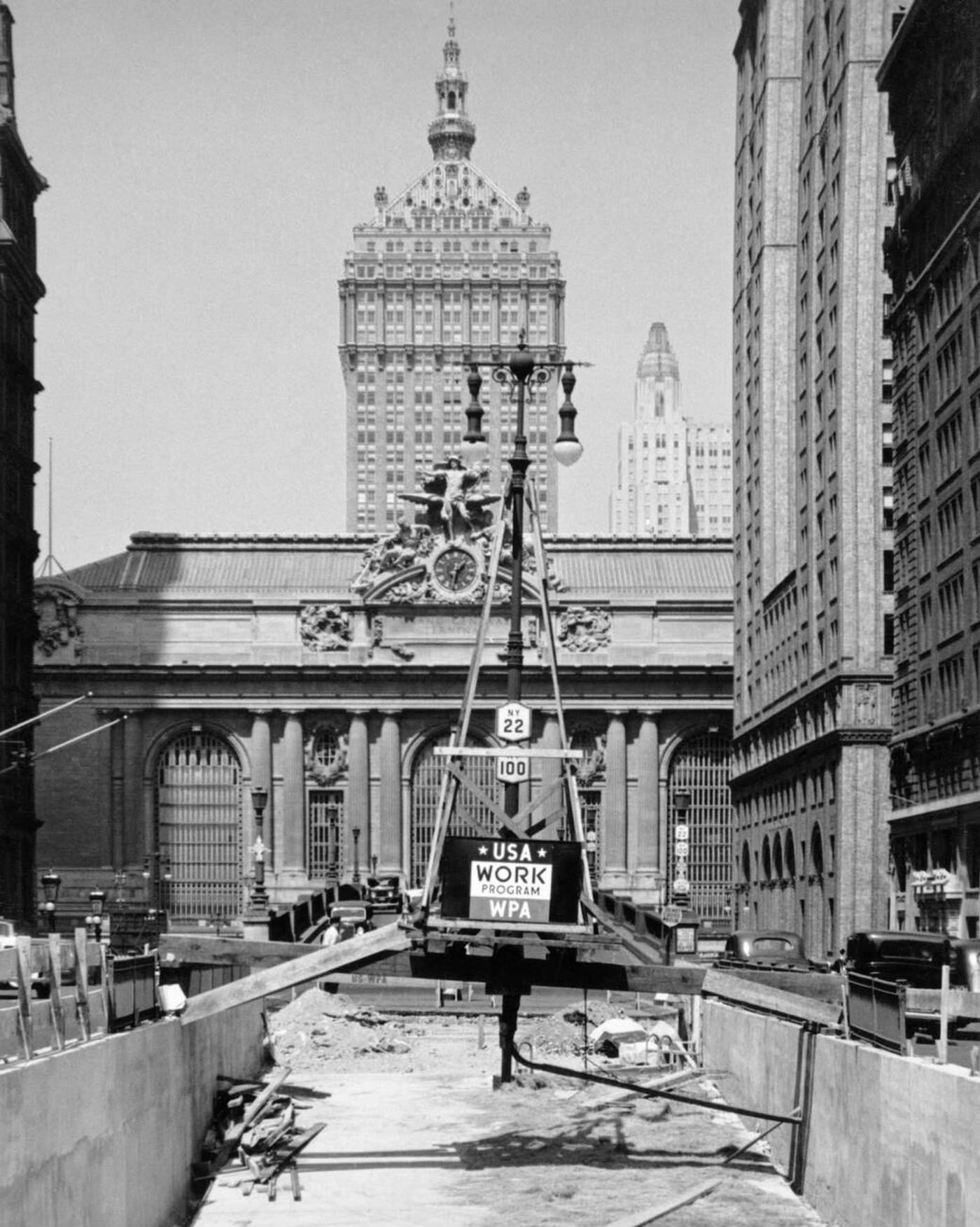 Street Construction In Front Of Grand Central Station With A Sign For The Wpa, New York City, 1930S.