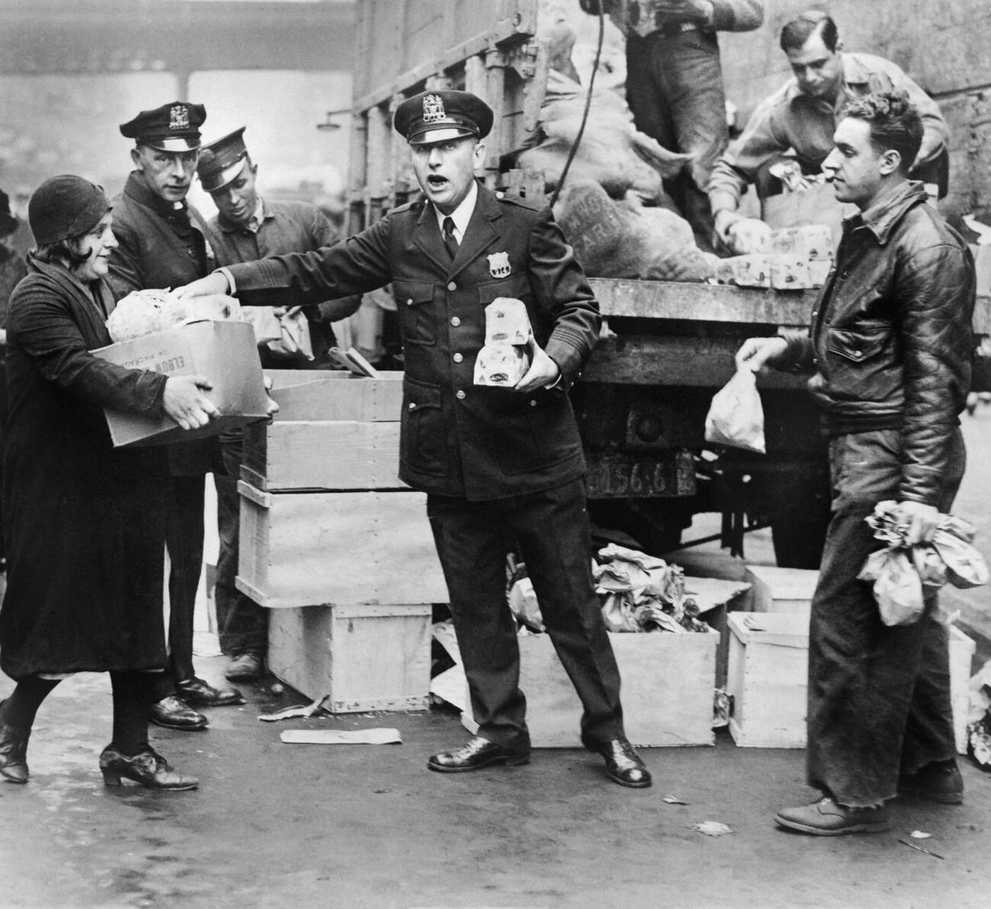 Police Distribute Eggs And Bread To The Needy At East 104Th St. Station House, New York City, 1930.