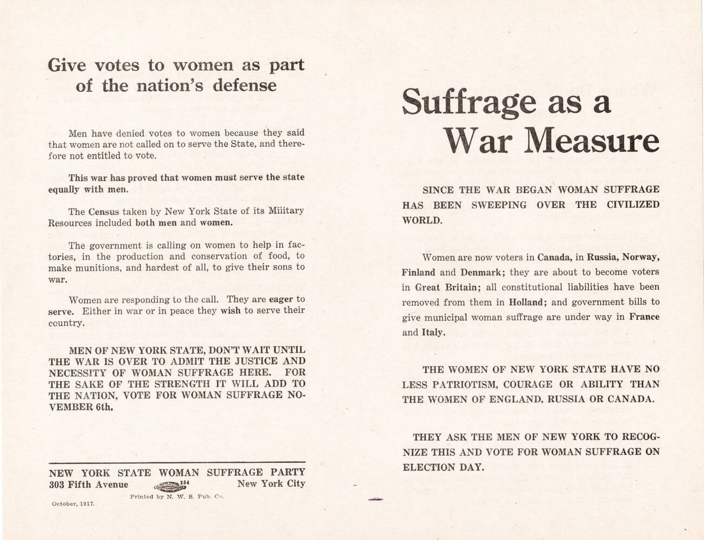 Suffrage Pamphlet Advocating Women'S Suffrage To Aid The War Effort, Distributed For The 1917 New York Referendum On Suffrage, 1917.