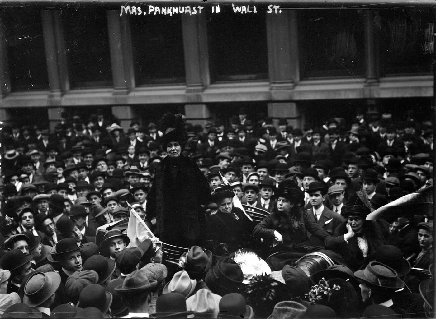 Emmeline Pankhurst Attempts To Address A Large Crowd On Wall Street At A Woman Suffrage Meeting In New York City, 1911; Also Shown Is Dr. Anna Howard Shaw.