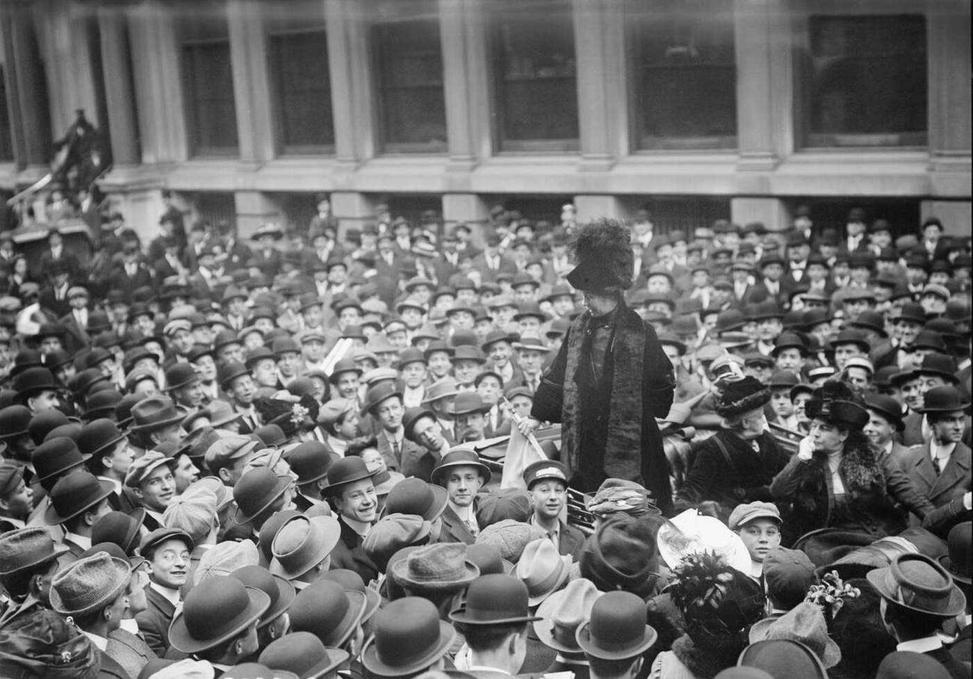 Emmeline Pankhurst Addressing Crowd, Wall Street, New York City, 1911.