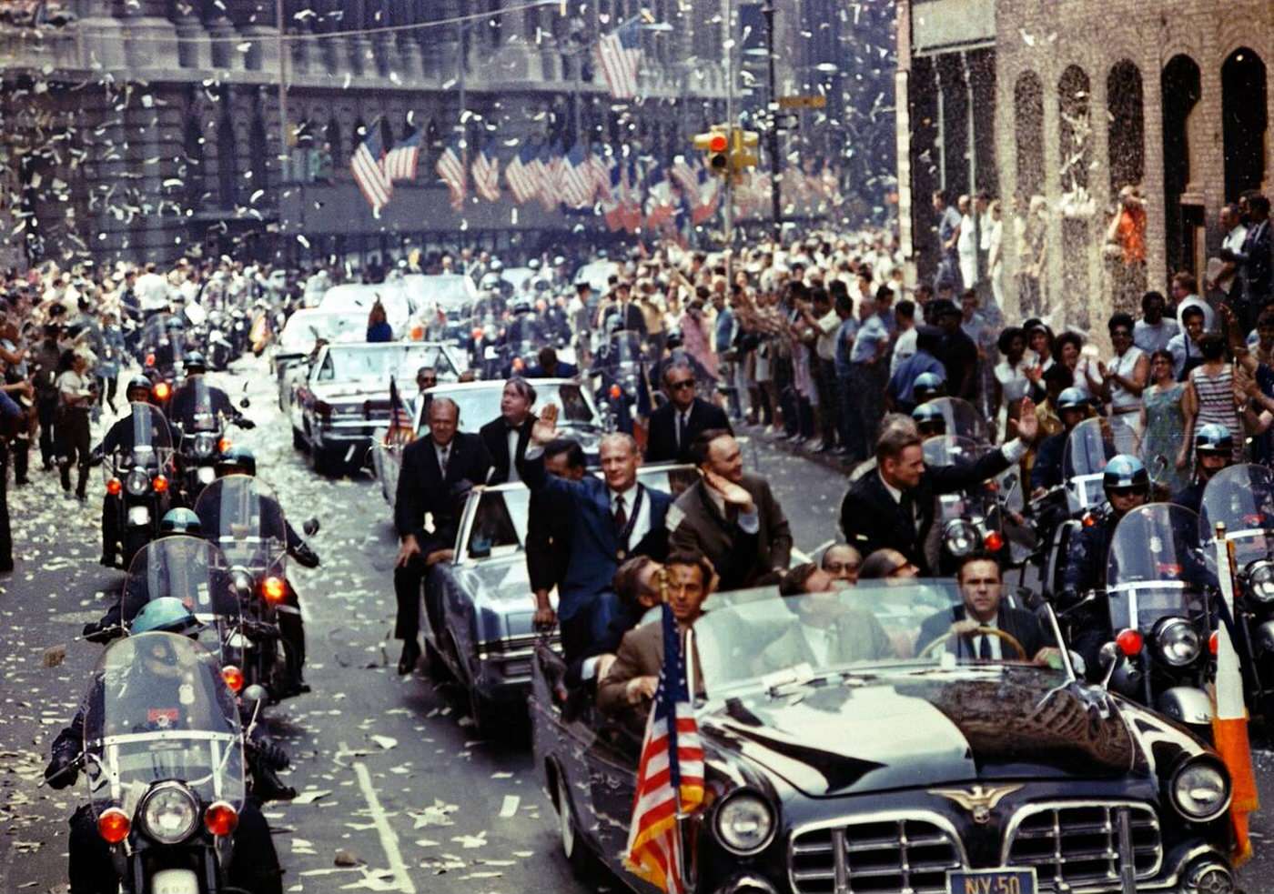 Apollo 11 Crewmen Neil A. Armstrong, Michael Collins, And Edwin E. Aldrin Jr. In A Ticker Tape Parade In New York City, 1969.