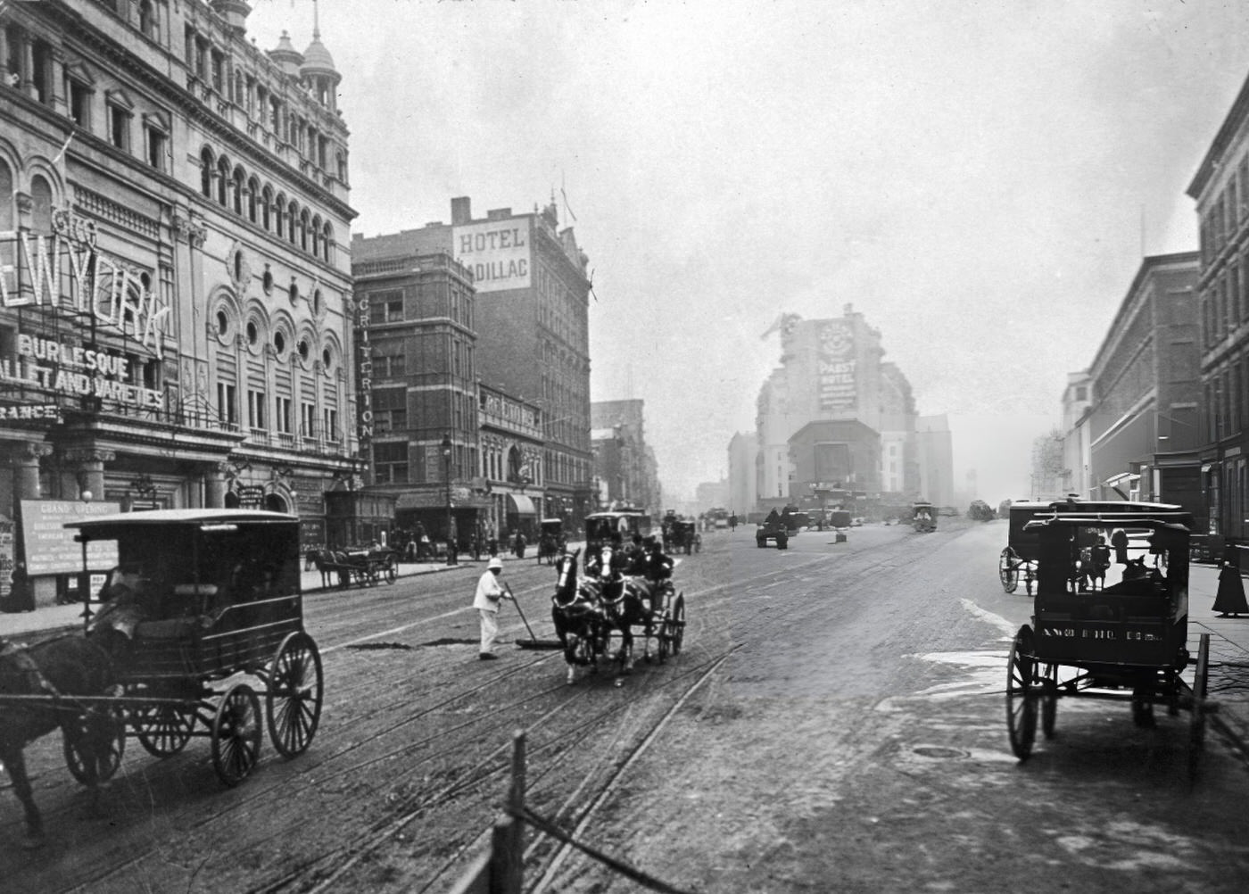 A Street Sweeper Works Amidst Horse Drawn Carriages Along Broadway, South Of 45Th Street In Long Acre Square, 1903.
