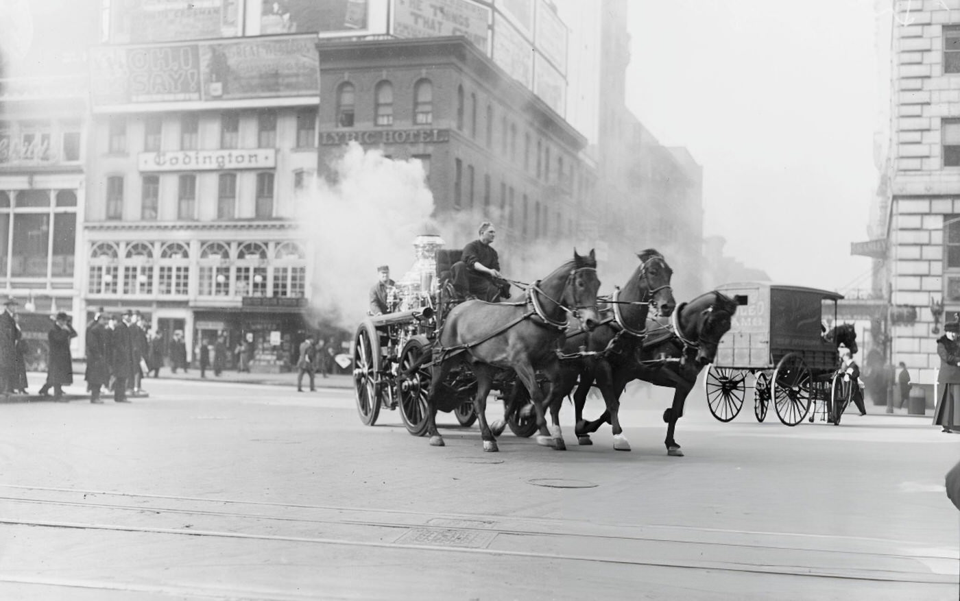Horse Drawn Fire Vehicle At The Intersection Of West 43Rd Street And Broadway, 1910S.