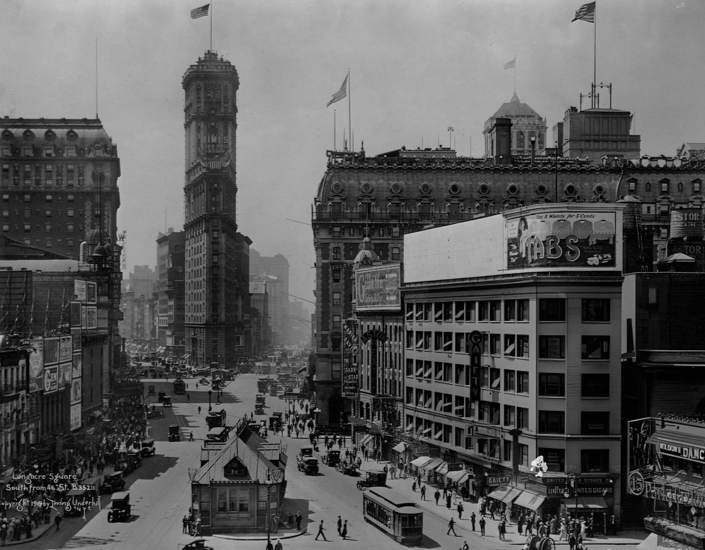 Traffic Rushes By The Times Tower In Longacre Square, 1919.
