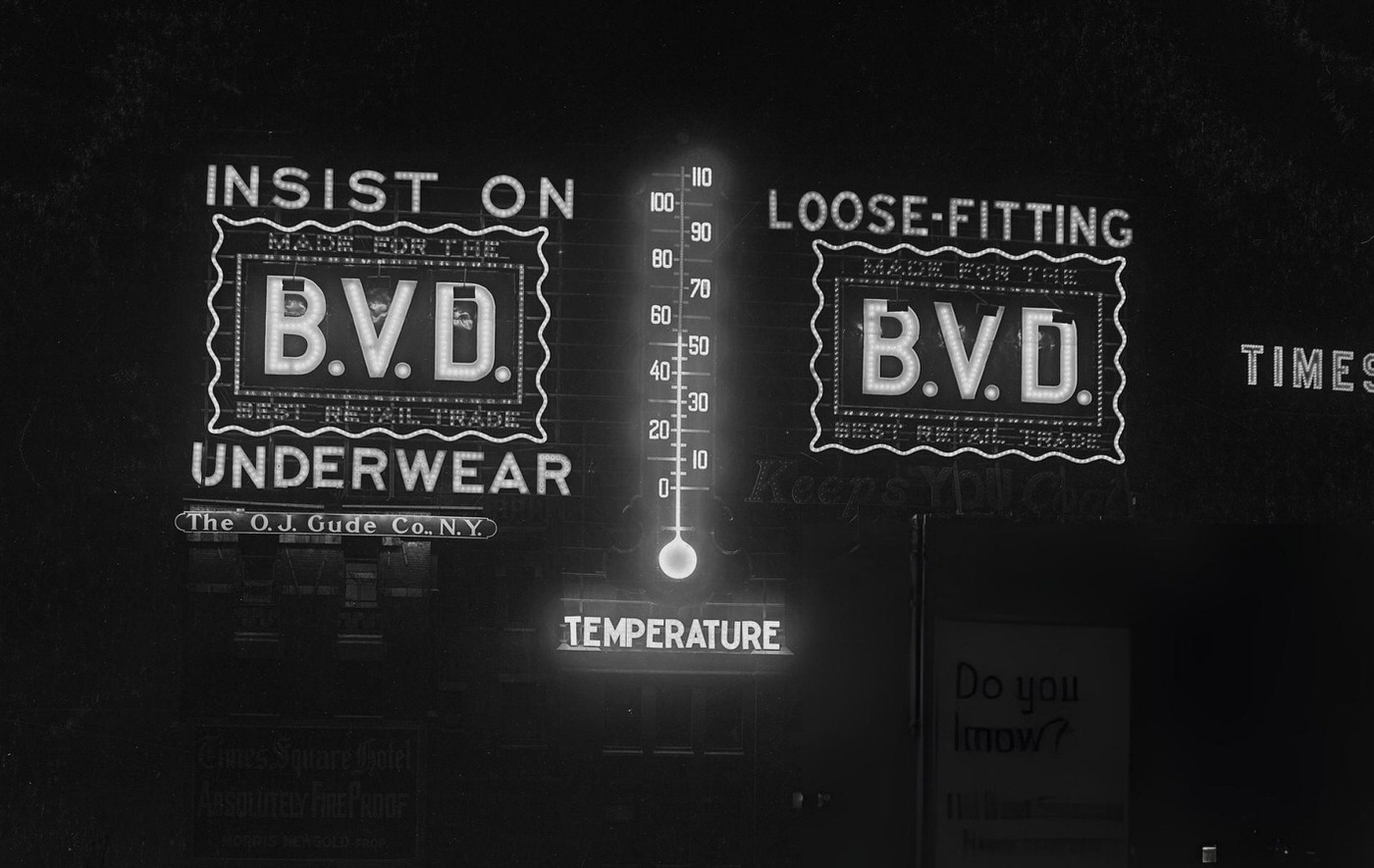 B.v.d. Underwear Signs In Times Square Are Illuminated At Night With 10 Watt Edison Mazda Lamps.